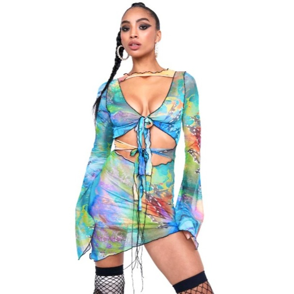 NWT Jaded London Mix Fairy Print Tie Front Mesh Butterfly Dress Size 6 Rainbow